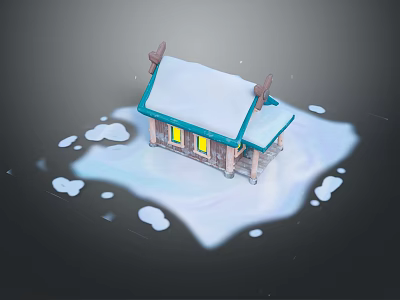 Cozy Small Winter House With Snow Covered Roof And Surrounding Snowflakes 3d model
