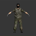 3D Character in Camouflage Uniform Black Balaclava Standing Arms Outstretched Gray Background 3d model