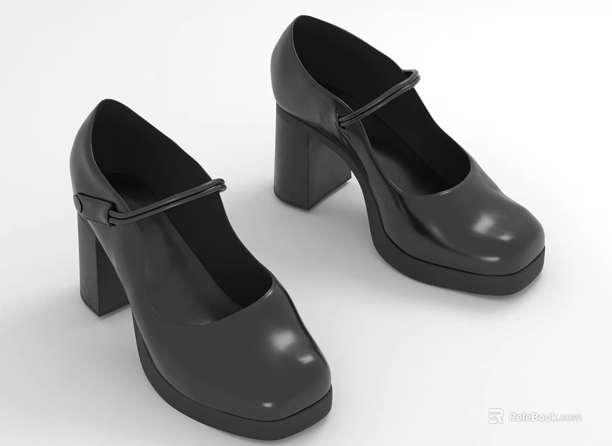 Black Mary Jane High Heels With Smooth Leather Block Heel And Platform Sole 3d model 