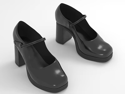 Black Mary Jane High Heels With Smooth Leather Block Heel And Platform Sole 3d model