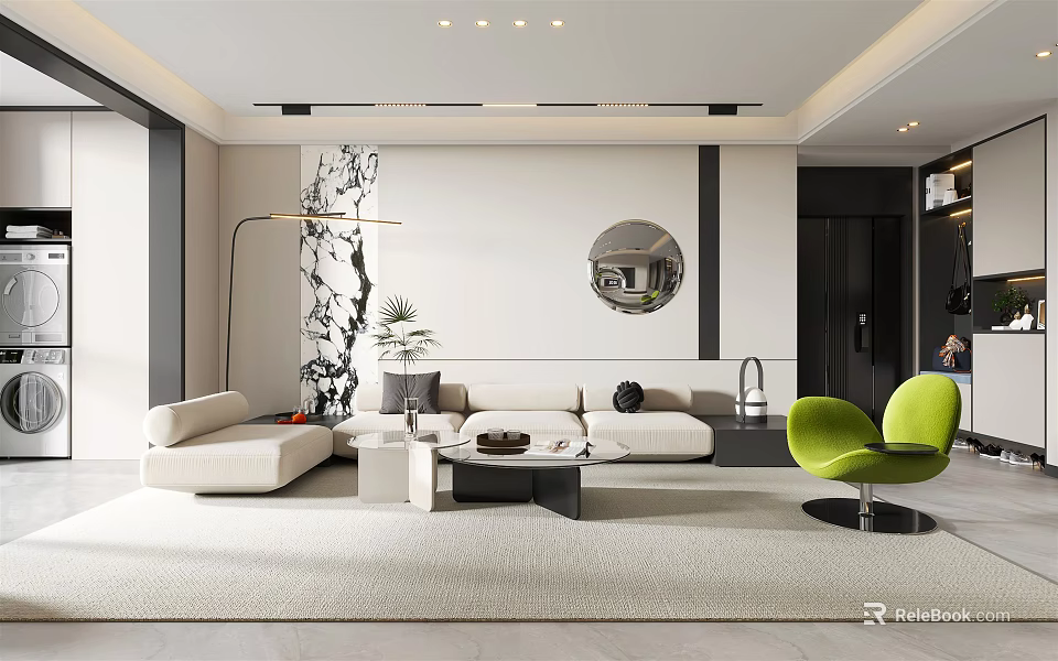 Modern Living Dining Room Interior With Sofa Coffee Table Green Chair Mirror And Floor Lamp 3d model 