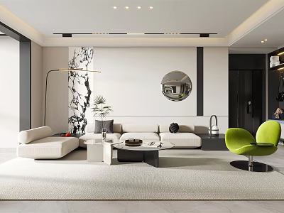 Modern Living Dining Room Interior With Sofa Coffee Table Green Chair Mirror And Floor Lamp 3d model