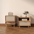 Natural Wooden Bedside Tables With Rattan Design Vintage Radio Plant And Books