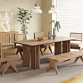 Natural Modern Solid Wood Dining Table Set With Chairs Bench Sideboard And Pendant Lights 3d model