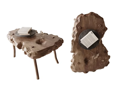 Wooden Coffee Table With Natural Texture Unique Design Books And Small Decor 3d model