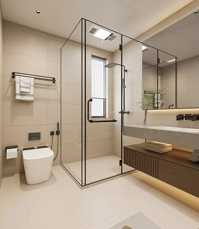 Modern Bathroom Interior With Glass Shower Enclosure Smart Toilet And Marble Countertop Vanity 3d model