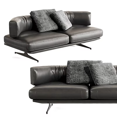 Modern Black Leather Two Seater Sofa With Grey Textured Cushions And Metal Legs 3d model