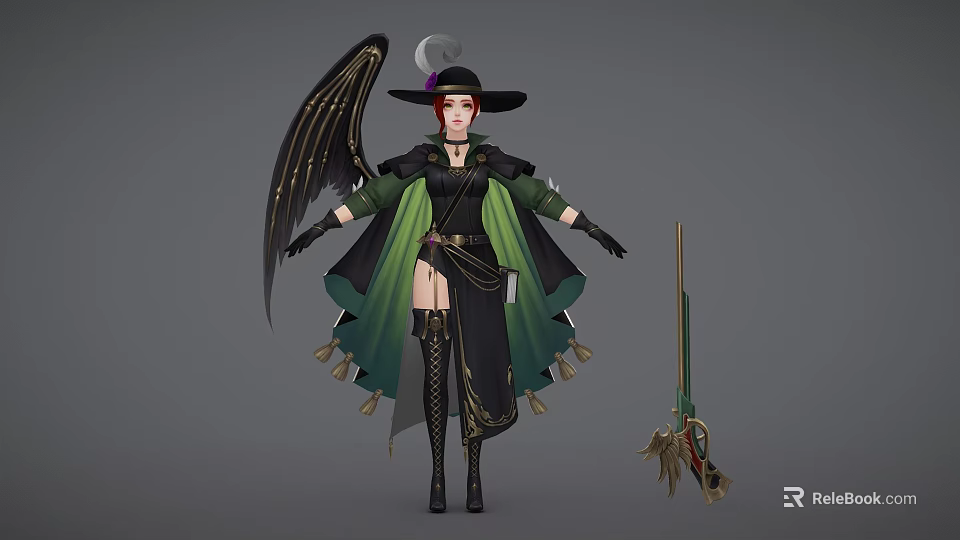 Witch Woman In Green And Black Robe With Black Wings Hat And Broomstick 3d model 