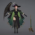 Witch Woman In Green And Black Robe With Black Wings Hat And Broomstick