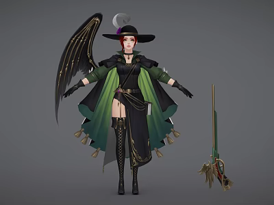 Witch Woman In Green And Black Robe With Black Wings Hat And Broomstick 3d model