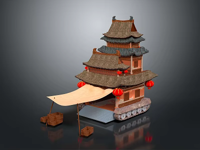Chinese Traditional Multi Story Tower With Tiled Roof Red Lanterns And Tank Like Base 3d model