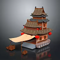 Chinese Traditional Multi Story Tower With Tiled Roof Red Lanterns And Tank Like Base