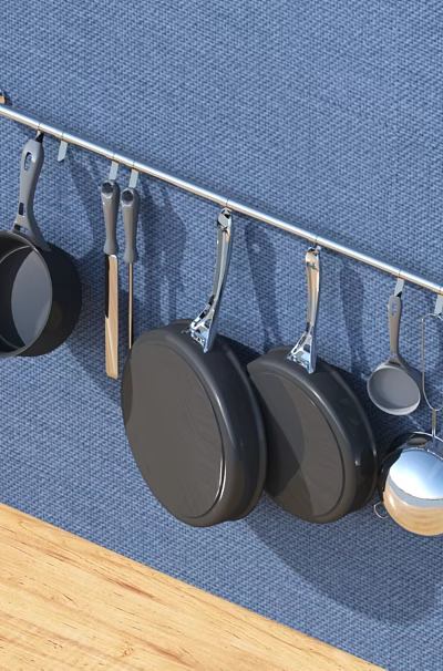 Stainless Steel Hanging Rod For Kitchen Utensils On Blue Wall With Pans Pots And Tools 3d model