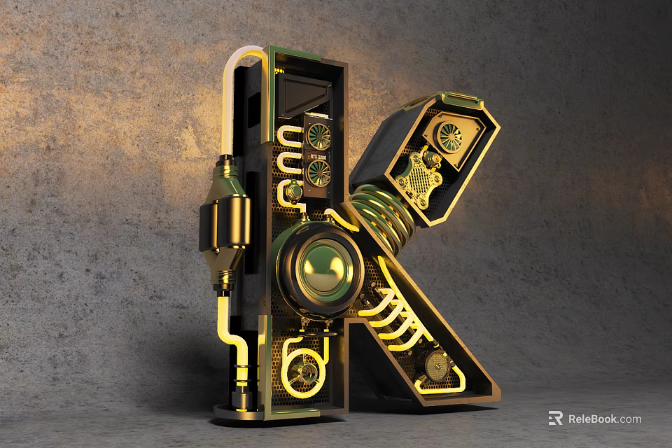 Steampunk Style Decorative Ornament Set With Letter K Shape Golden Metal Gears And Pipes 3d model 