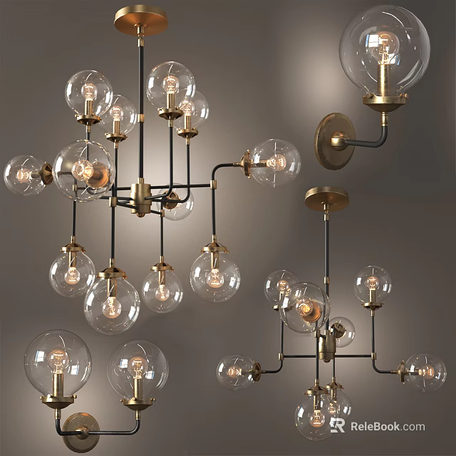 Modern Glass Globe Lighting Combination With Brass Frames Chandeliers And Wall Sconces 3d model 