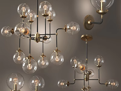 Modern Glass Globe Lighting Combination With Brass Frames Chandeliers And Wall Sconces 3d model