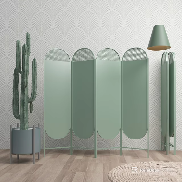 Modern Green Room Divider with Curved Panels Cactus and Patterned Wallpaper 3d model