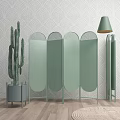Modern Green Room Divider with Curved Panels Cactus and Patterned Wallpaper 3d model