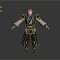 Ancient Game Movie Character Wearing Blue And White Robe With Golden Ornaments And Armored Boots