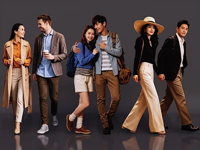 Group of People Walking in Casual Outfits With Coats Hats and Backpacks on Gray Background 3d model