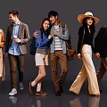 Group of People Walking in Casual Outfits With Coats Hats and Backpacks on Gray Background