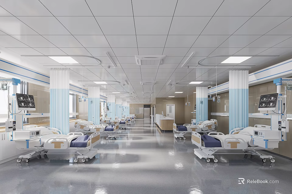 Modern Hospital Outpatient Clinic Interior With Medical Beds Equipment And White Ceiling 3d model 