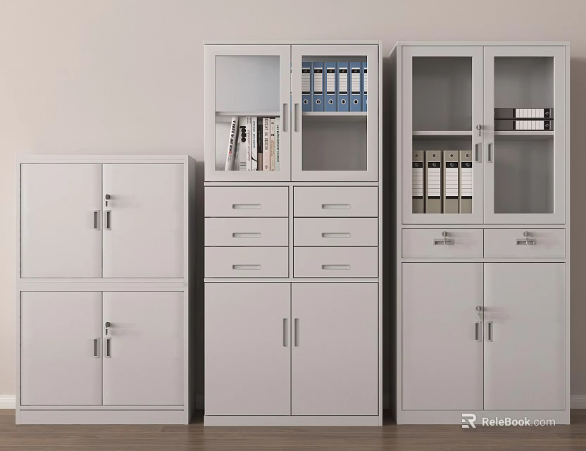 White Office Filing Cabinets with Glass Doors Drawers and Organized Folders for Storage 3d model 