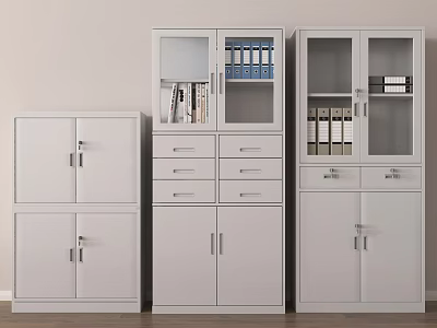 White Office Filing Cabinets with Glass Doors Drawers and Organized Folders for Storage 3d model