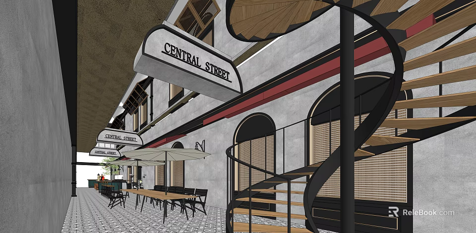 Central Street Commercial Area With Modern Architecture Outdoor Seating And Spiral Staircase 3d model 