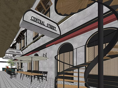 Central Street Commercial Area With Modern Architecture Outdoor Seating And Spiral Staircase 3d model