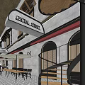 Central Street Commercial Area With Modern Architecture Outdoor Seating And Spiral Staircase