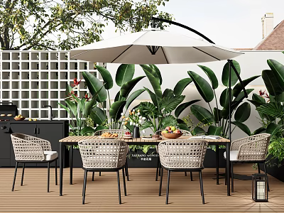 Stylish Outdoor Table with White Umbrella Wicker Chairs and Green Plants on Wooden Deck 3d model