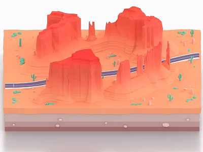 Decorative Ornament Set With Red Rock Mountains Desert Cacti Blue Road And Layered Ground 3d model