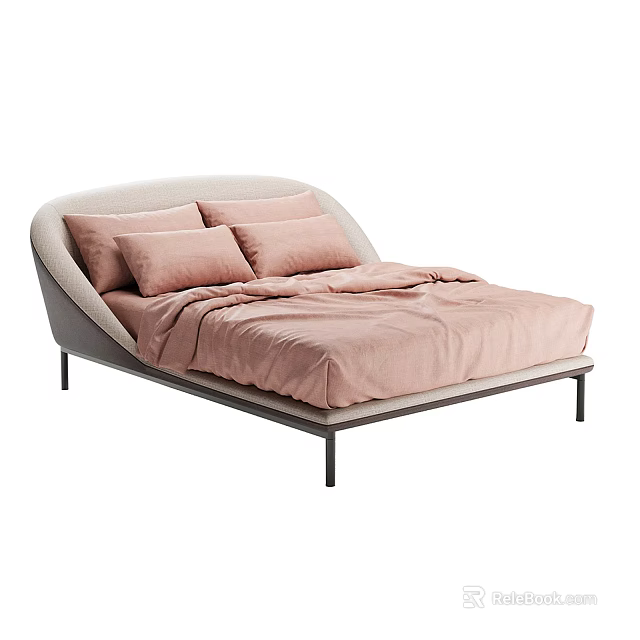 Modern Double Bed Design With Curved Light Gray Headboard Pink Pillows And Sheets 3d model 
