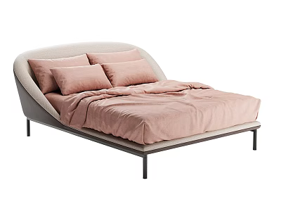 Modern Double Bed Design With Curved Light Gray Headboard Pink Pillows And Sheets 3d model