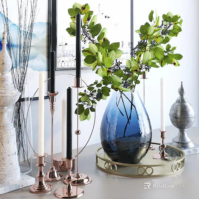 Decorative Ornaments Set With Blue Vase Green Leaves Copper Candle Holders And Silver Jar 3d model 