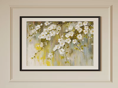 Abstract Painting With White Flowers And Branches On Soft Color Background In Black Frame 3d model