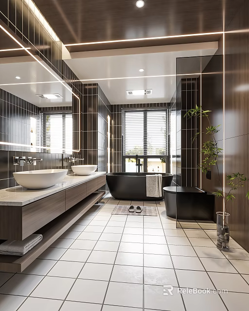 Modern Bathroom Interior With Double Sinks Large Mirror Black Bathtub Wooden Cabinets And Tiled Floor 3d model 