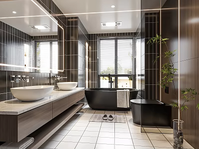 Modern Bathroom Interior With Double Sinks Large Mirror Black Bathtub Wooden Cabinets And Tiled Floor 3d model