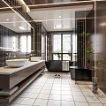 Modern Bathroom Interior With Double Sinks Large Mirror Black Bathtub Wooden Cabinets And Tiled Floor