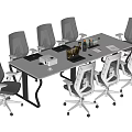 Modern Office Conference Table Setup With Mesh Chairs Laptop And Stationery Items