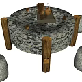 Round Marble Top Table Set With Wooden Legs And Stone Stools 3d model