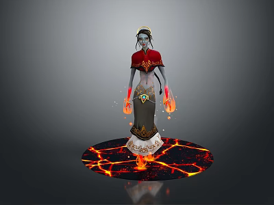 Fantasy Game And Movie Character With Red Outfit Headpiece Flaming Hands And Lava Ground 3d model