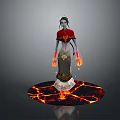 Fantasy Game And Movie Character With Red Outfit Headpiece Flaming Hands And Lava Ground