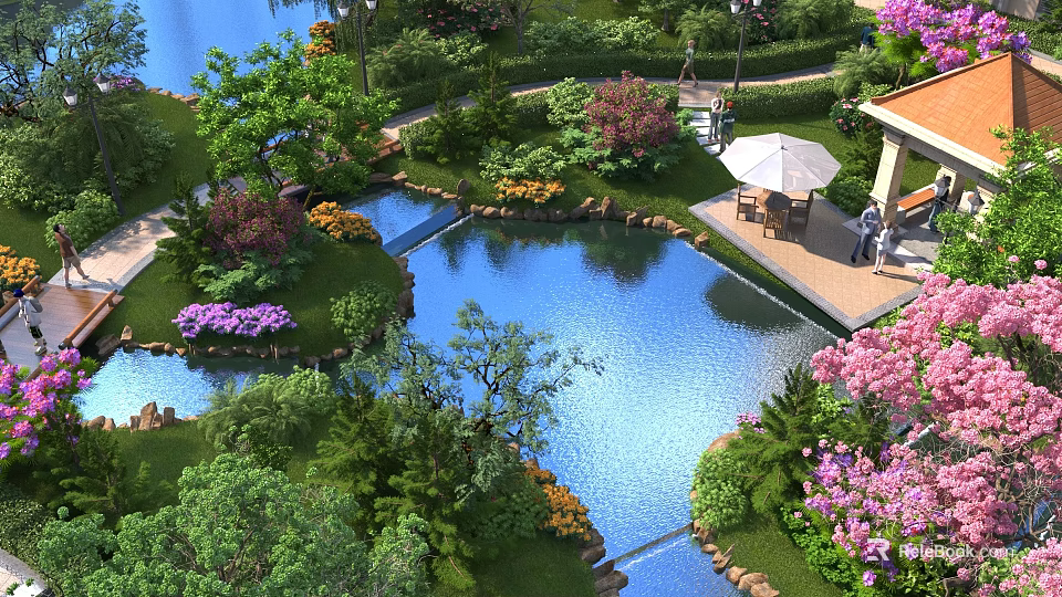 Tranquil Garden Landscape Featuring Pond Pathway Colorful Flowers And Pavilion Seating Area 3d model 