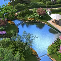 Tranquil Garden Landscape Featuring Pond Pathway Colorful Flowers And Pavilion Seating Area