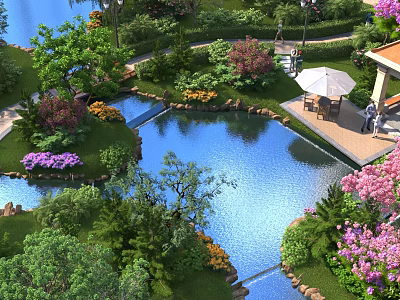 Tranquil Garden Landscape Featuring Pond Pathway Colorful Flowers And Pavilion Seating Area 3d model