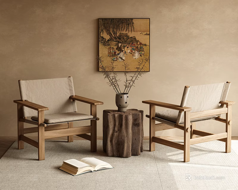 Lounge Chairs with Wooden Frame Beige Cushions Tree Stump Table Vase Open Book and Painting 3d model 