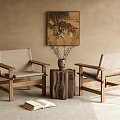 Lounge Chairs with Wooden Frame Beige Cushions Tree Stump Table Vase Open Book and Painting