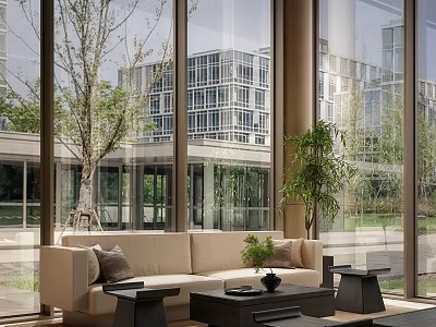 Bright Spacious Hotel Public Lounge With Large Windows Beige Sofa Green Plants And Modern View 3d model